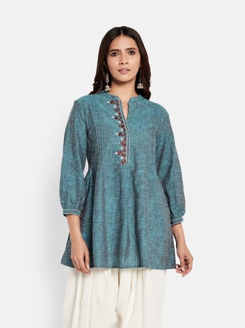 fabindia blue cotton embroidered tunic