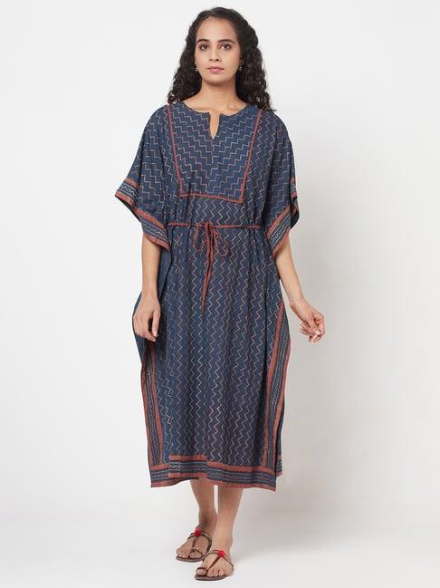 fabindia blue cotton printed a-line kaftan