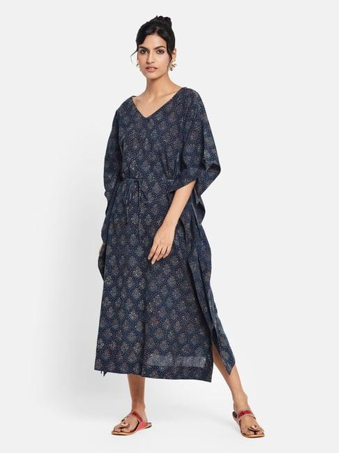 fabindia blue cotton printed a-line kaftan