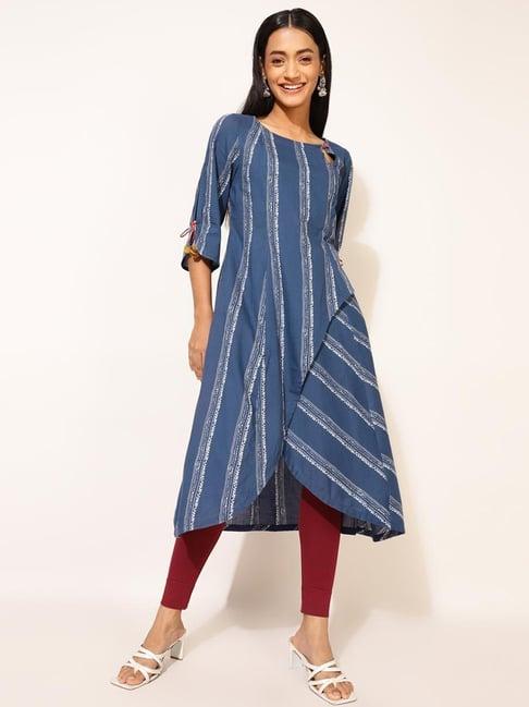 fabindia blue cotton printed a line kurta