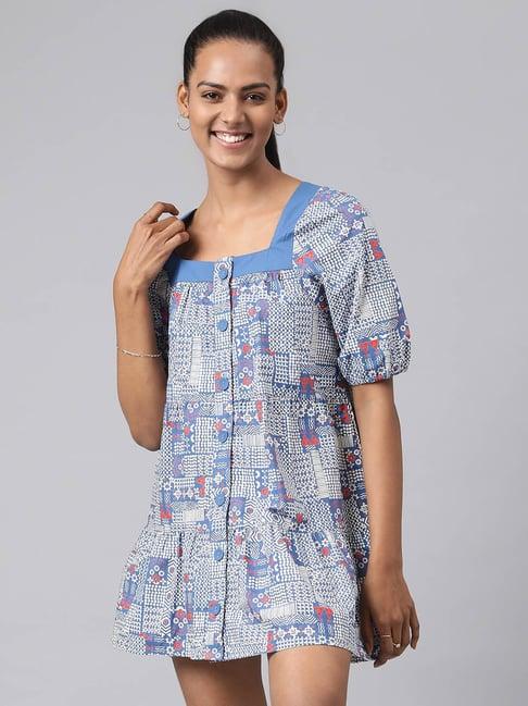 fabindia blue cotton printed dress