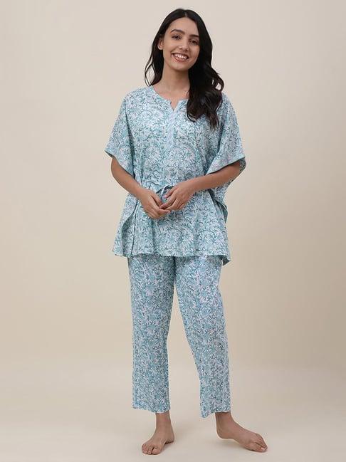 fabindia blue cotton printed kaftan pyjama set