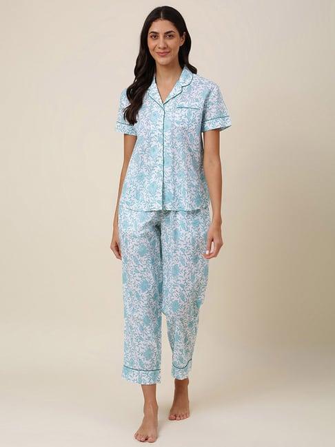 fabindia blue cotton printed shirt pyjama set