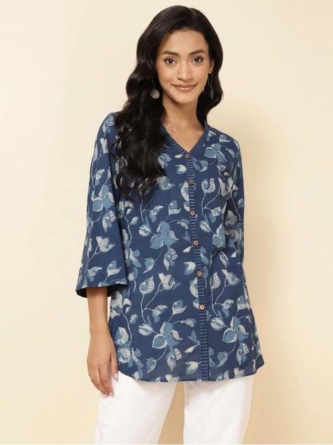 fabindia blue cotton printed shirt