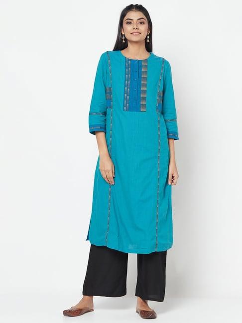 fabindia blue cotton printed straight kurta