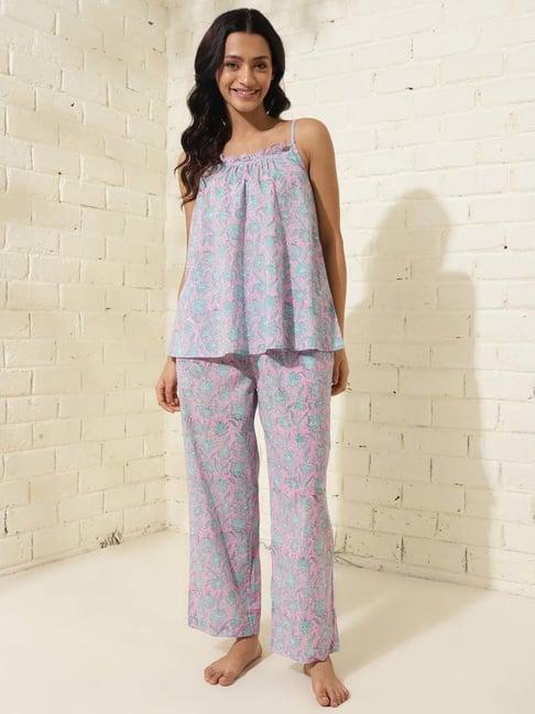 fabindia blue cotton printed top pyjamas set