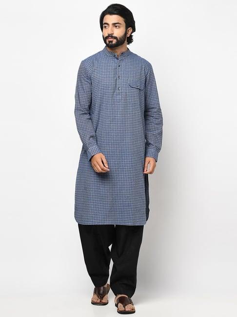 fabindia blue cotton slim fit checks long kurta