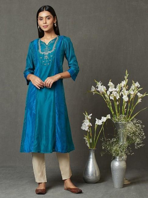 fabindia blue embroidered a line kurta