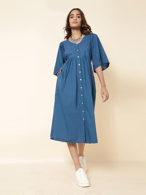 fabindia blue embroidered midi dress