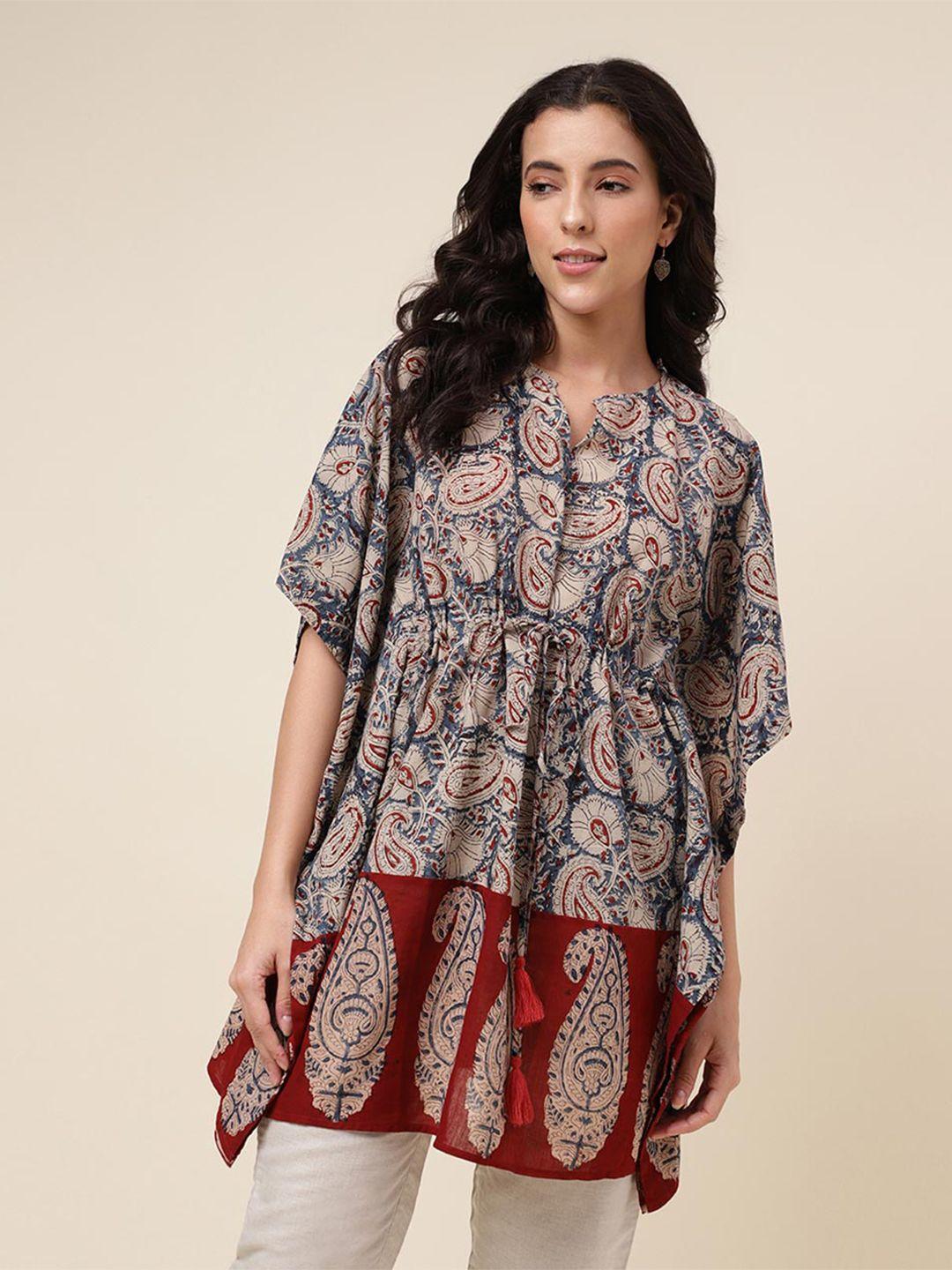 fabindia blue ethnic motifs print cotton kaftan dress