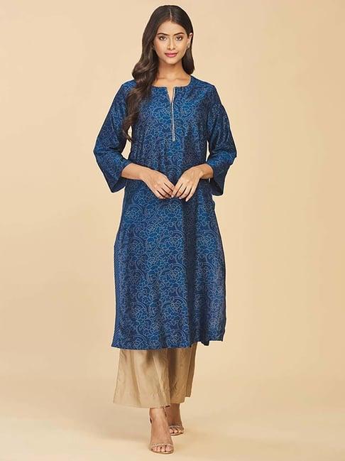 fabindia blue floral print straight kurta