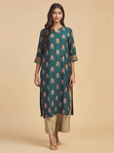 fabindia blue floral print straight kurta