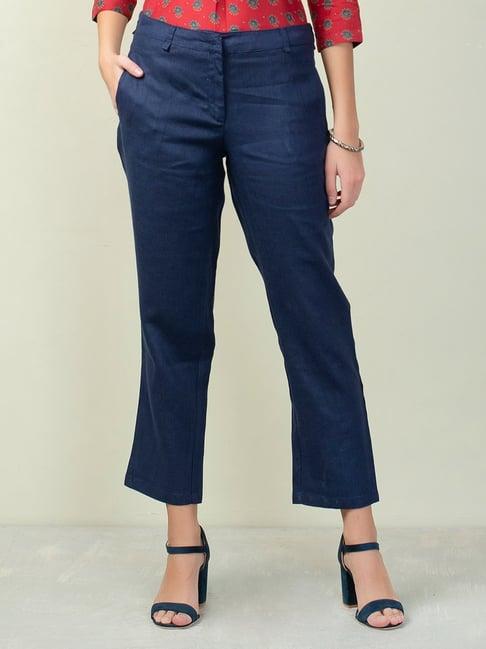 fabindia blue linen mid rise pants