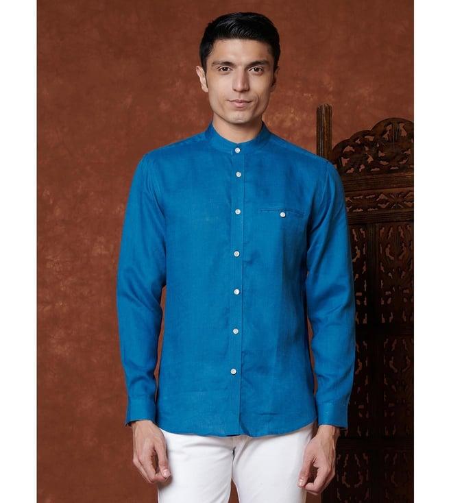 fabindia blue linen slim fit shirt