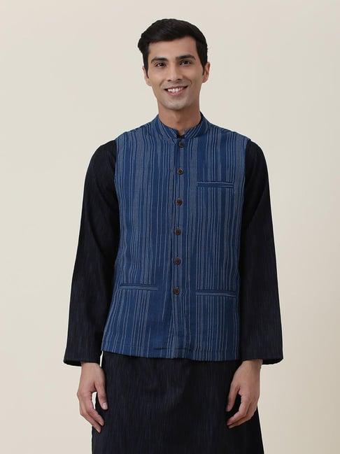 fabindia blue regular fit striped nehru jacket