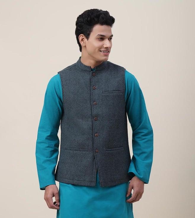 fabindia blue wool woven nehru jacket