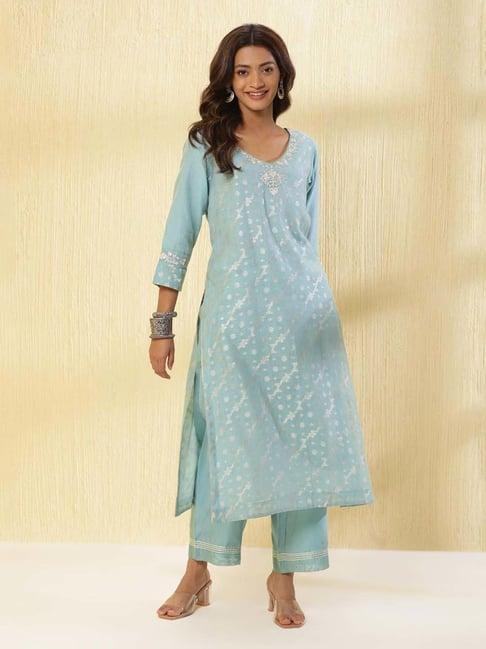 fabindia blue woven pattern kurta pant set