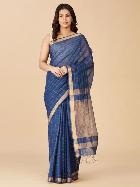 fabindia blue woven saree without blouse