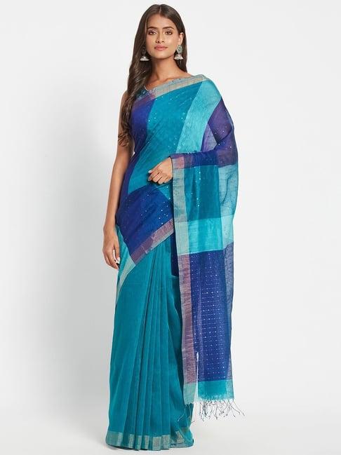 fabindia blue woven saree without blouse