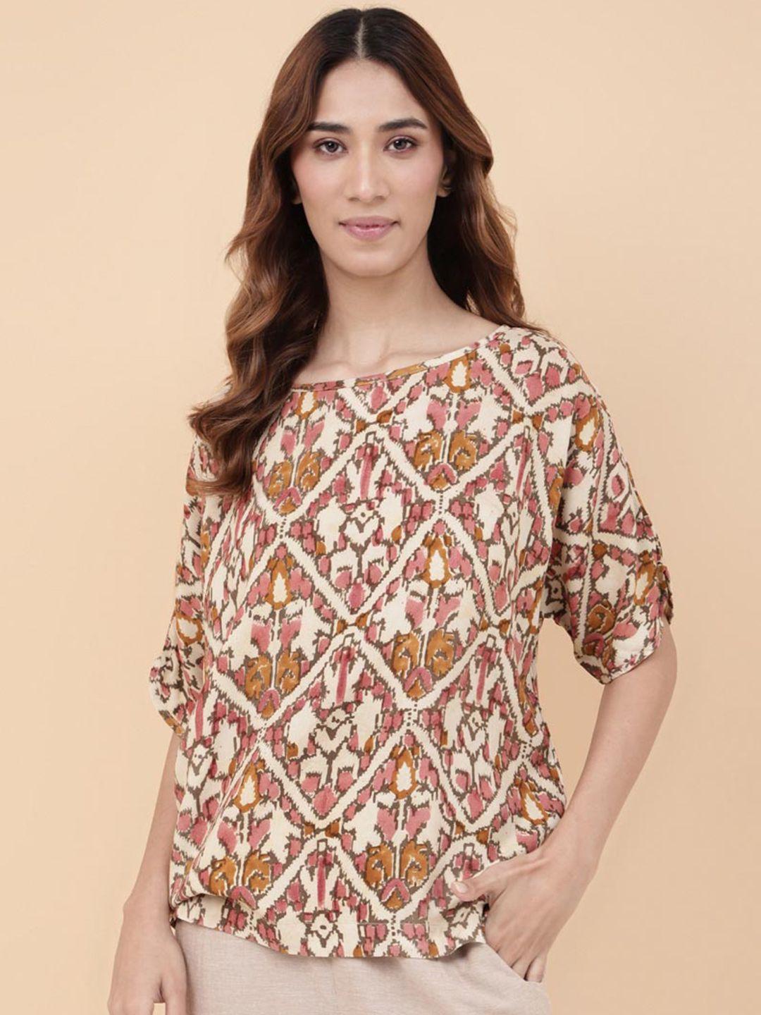 fabindia boat neck printed opaque casual top