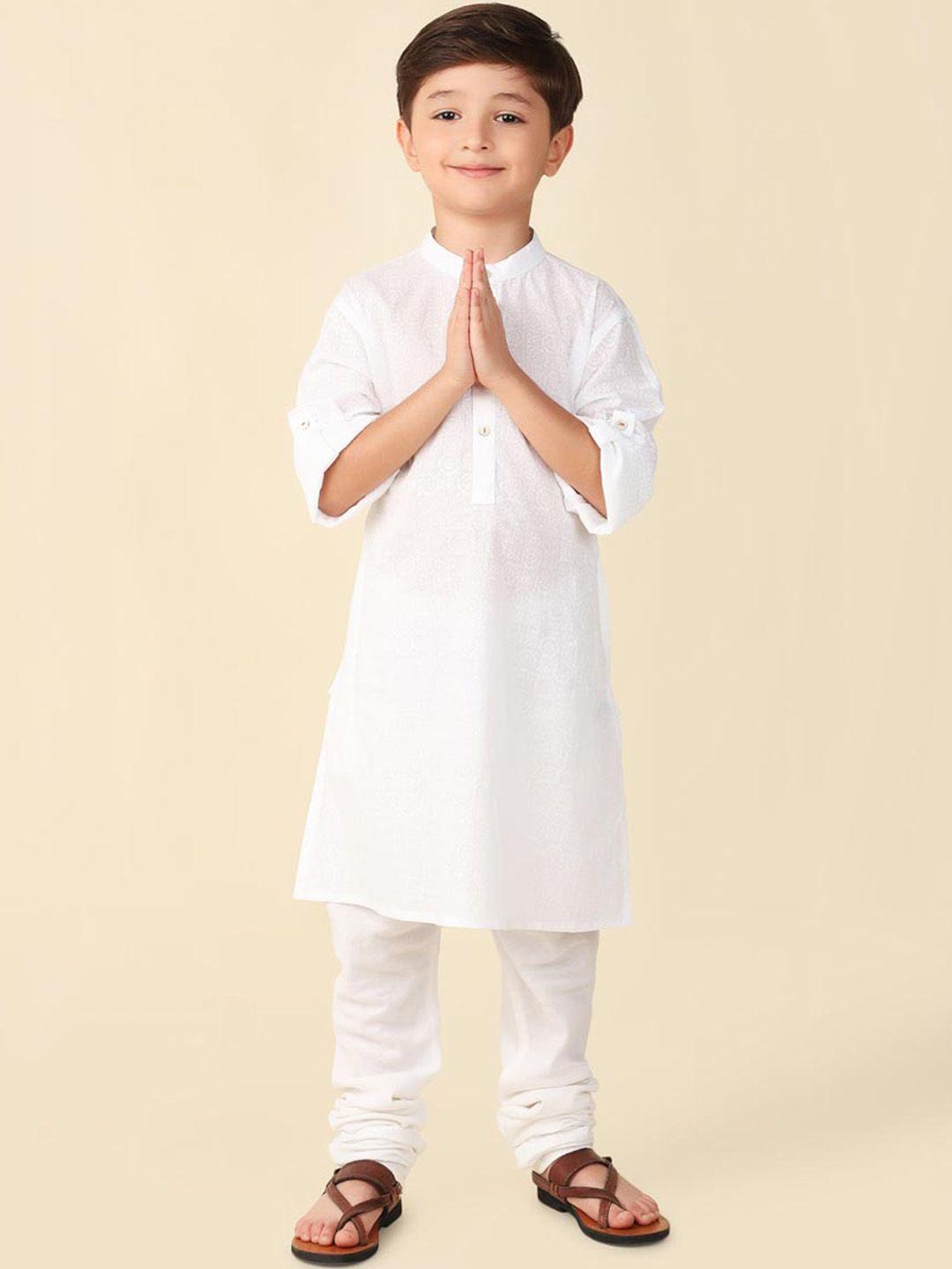 fabindia boys ethnic motifs woven design mandarin collar roll-up sleeves pure cotton kurta