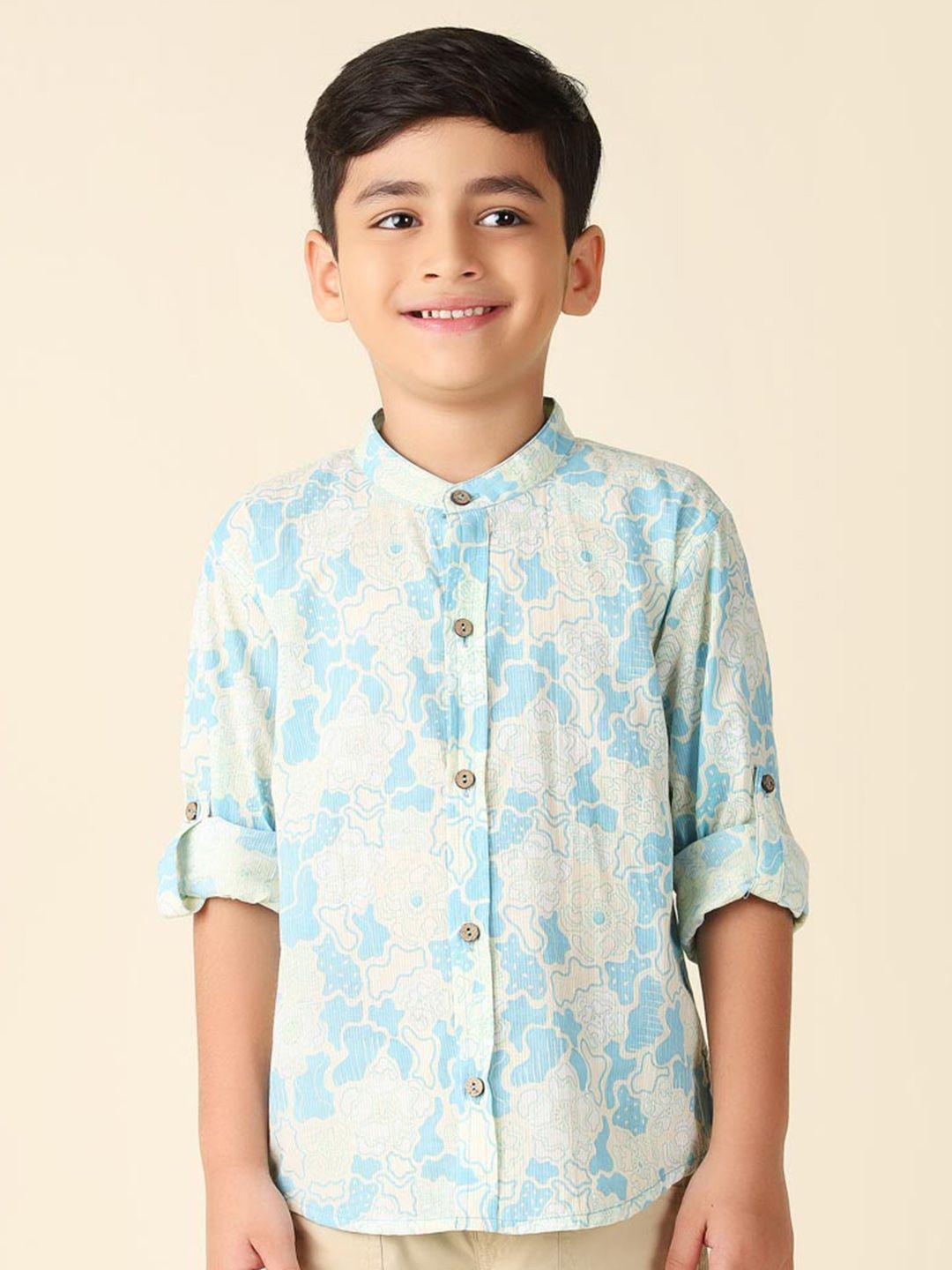 fabindia boys floral printed band collar cotton casual shirt