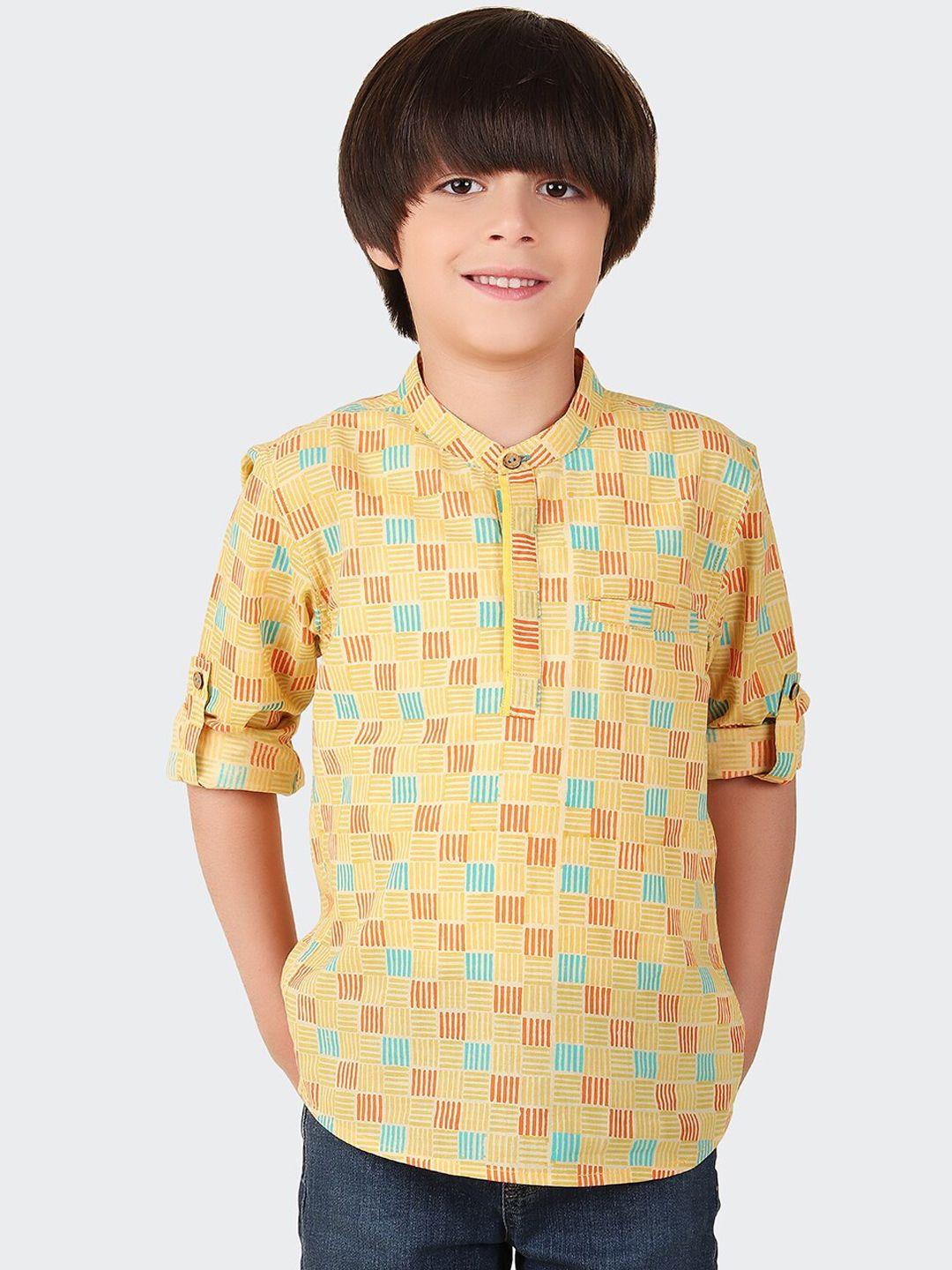 fabindia boys geometric printed mandarin collar roll up sleeves kurta