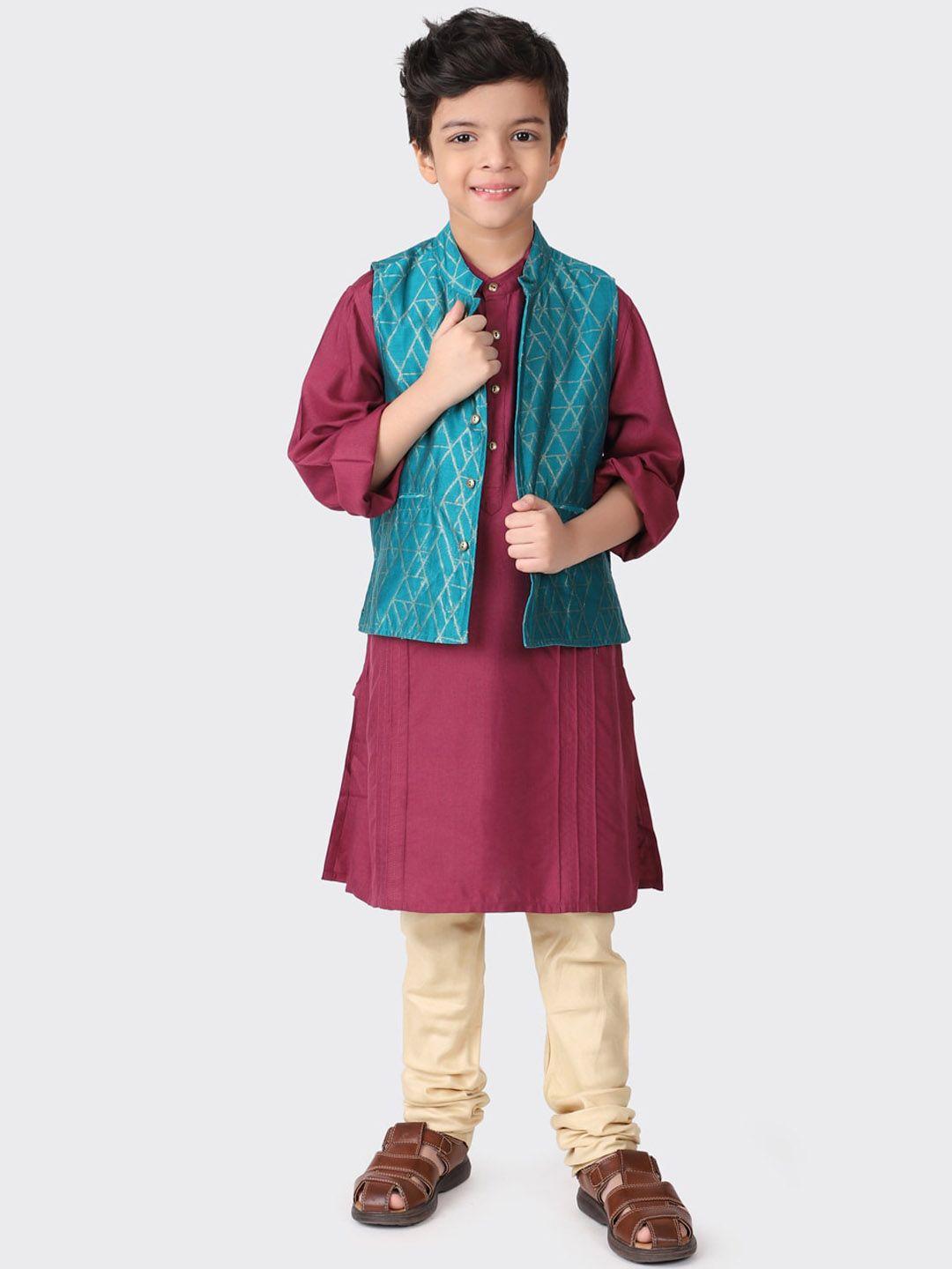 fabindia boys magenta kurta with churidar & with nehru jacket