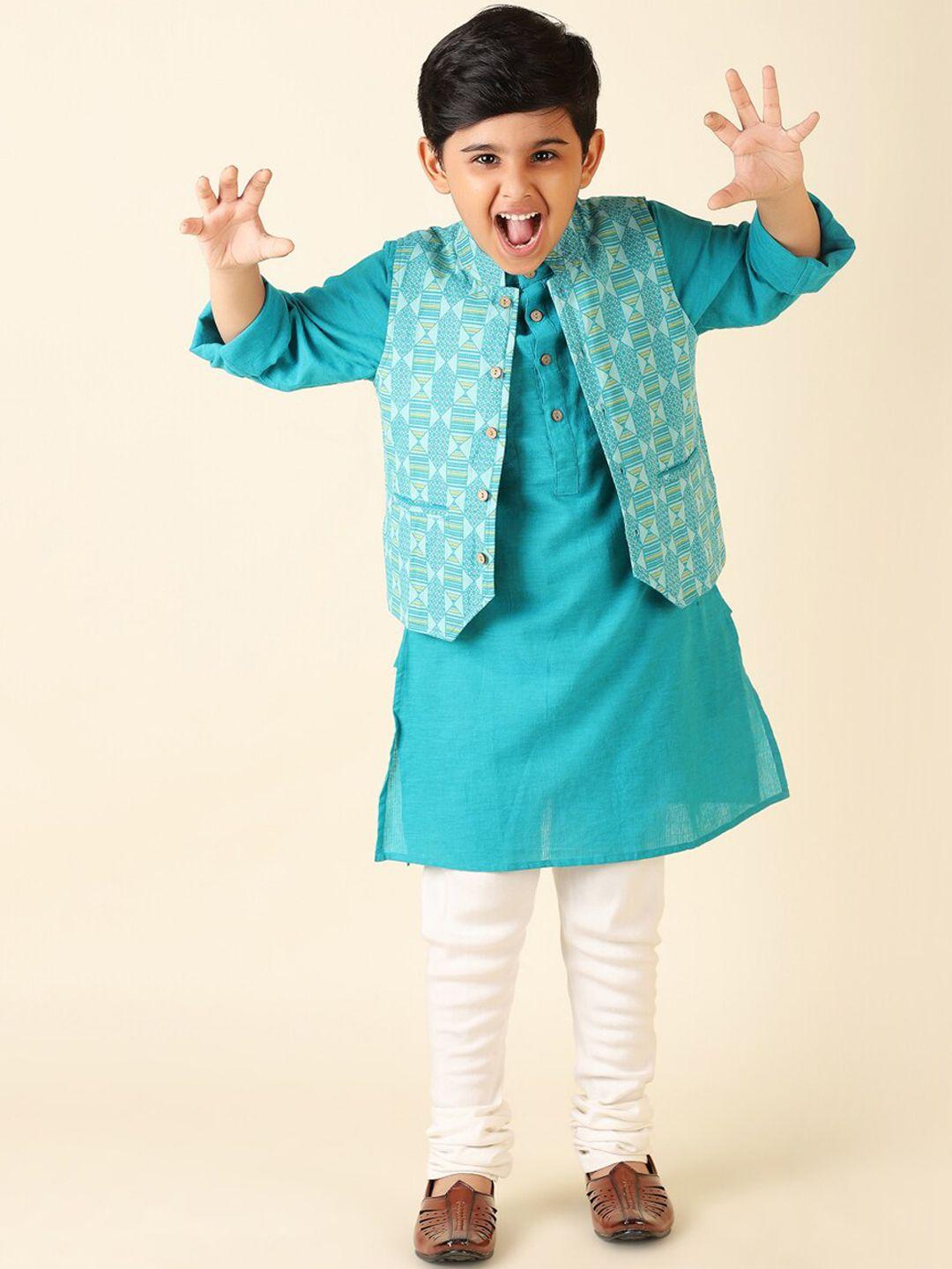 fabindia boys pure cotton kurta with churidar & nehru jacket