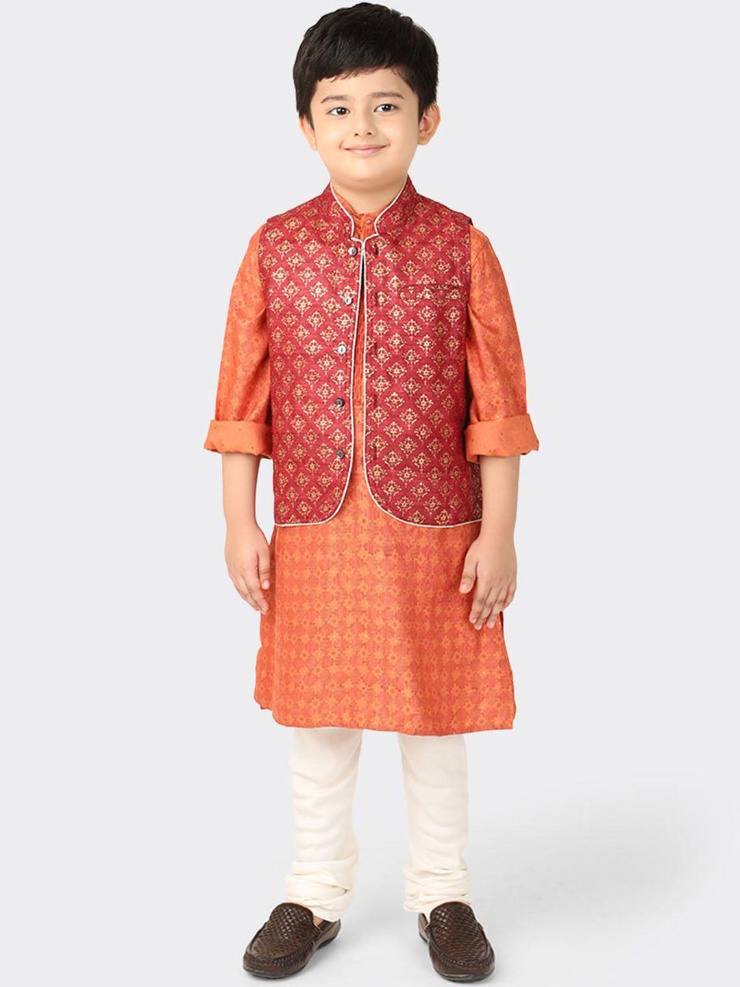 fabindia boys red & gold-coloured printed woven silk nehru jacket