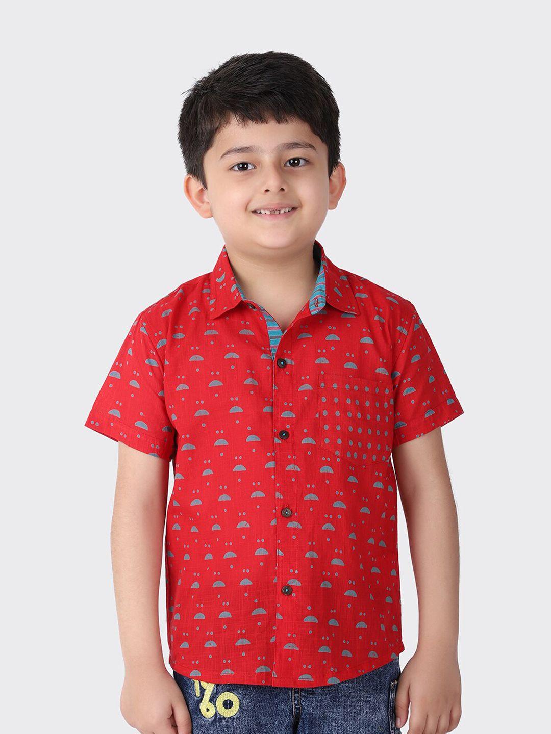 fabindia boys red printed regular fit cotton casual shirt