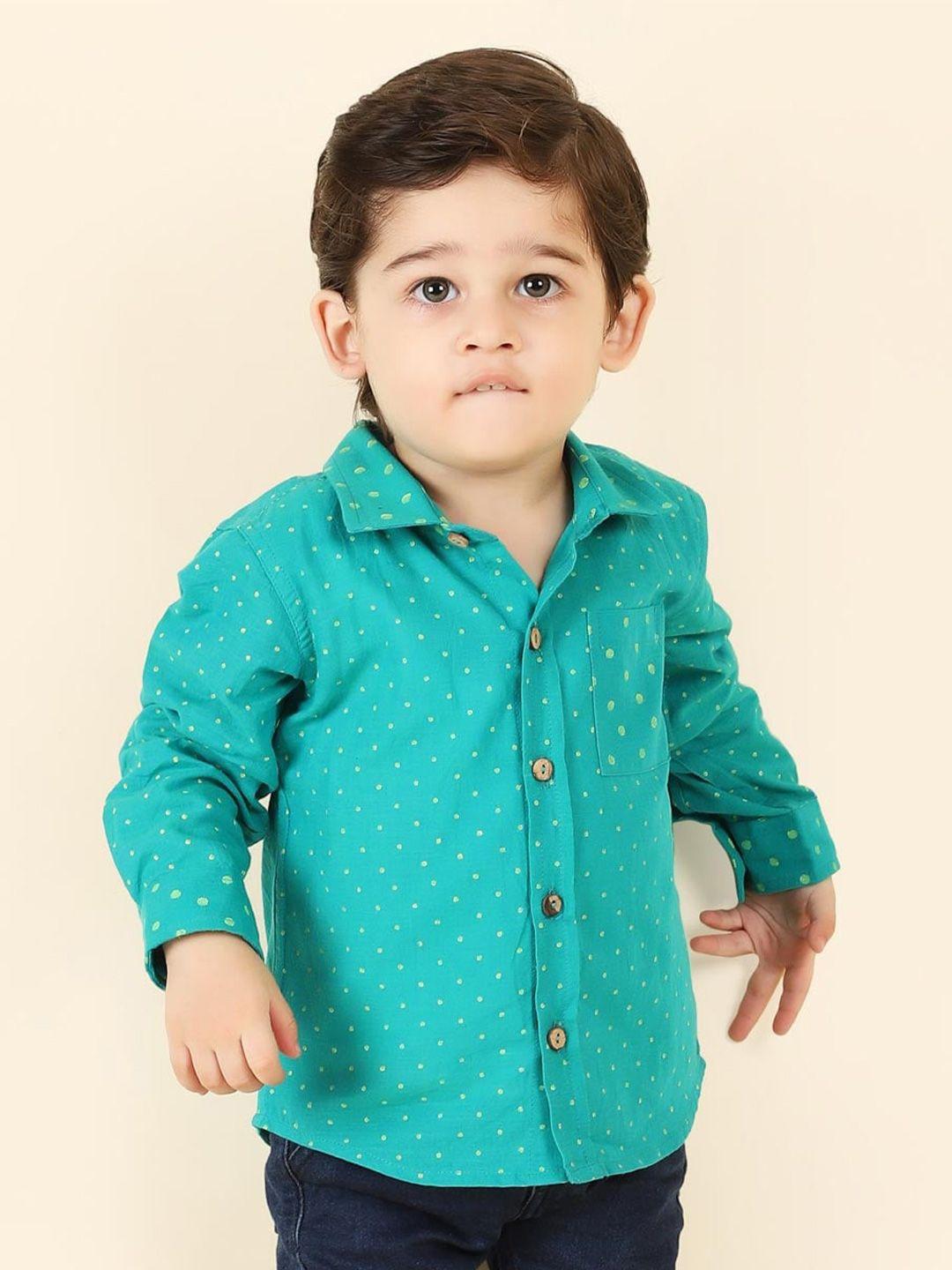 fabindia boys sea green printed cotton casual shirt