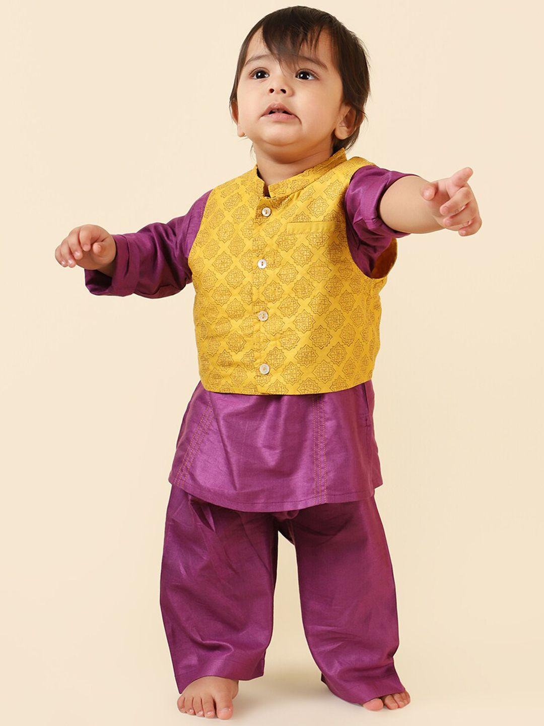 fabindia boys solid pure cotton kurta with pyjamas & nehru jacket