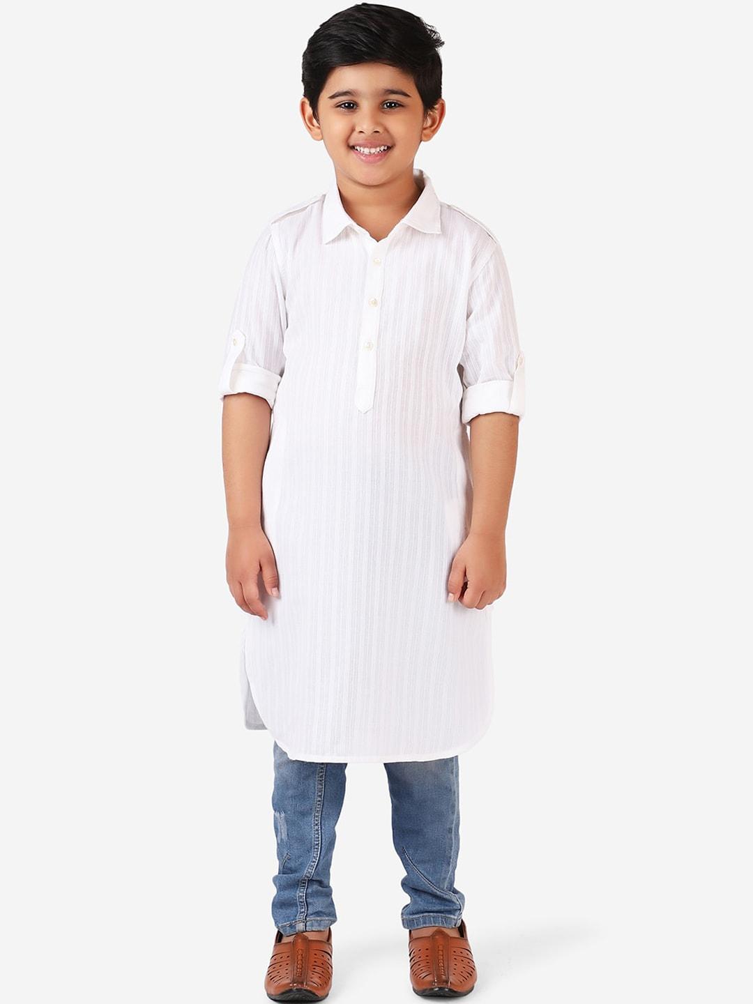 fabindia boys white striped shirt collar cotton pathani kurta