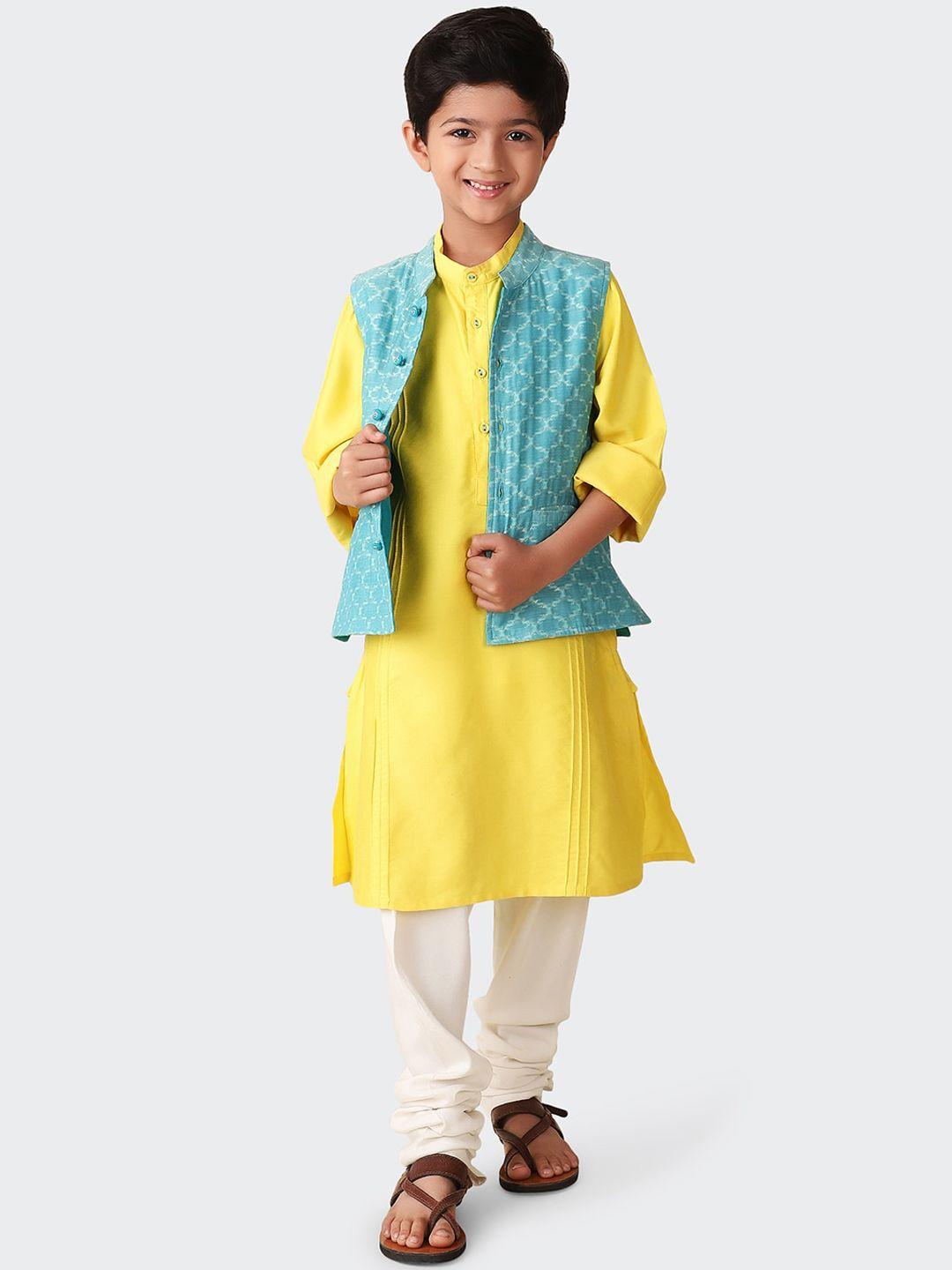 fabindia boys woven design a-line kurta & churidar with nehru jacket