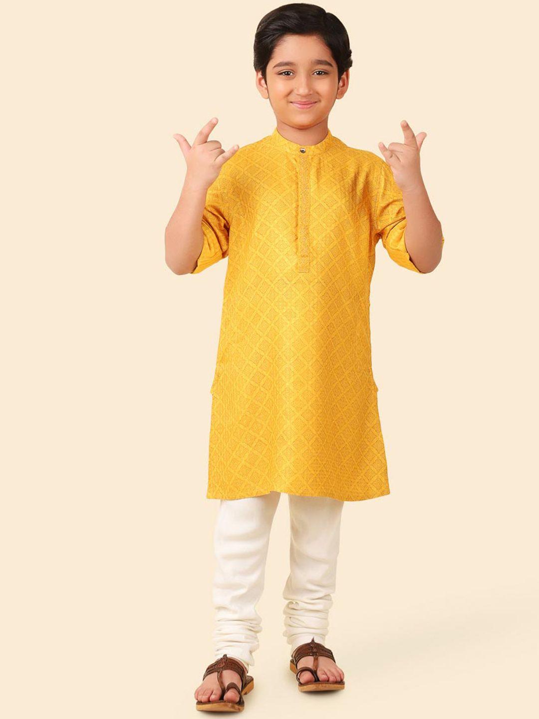 fabindia boys wven design band collar thread work dobby straight kurta