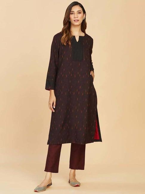 fabindia brown & black printed straight kurta