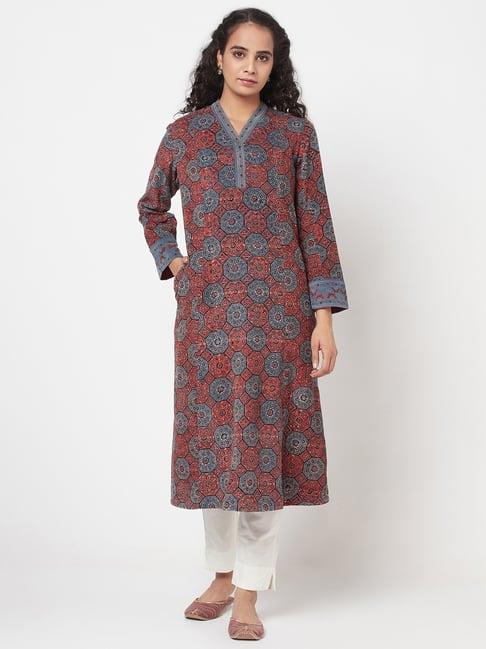 fabindia brown & blue cotton printed a line kurta