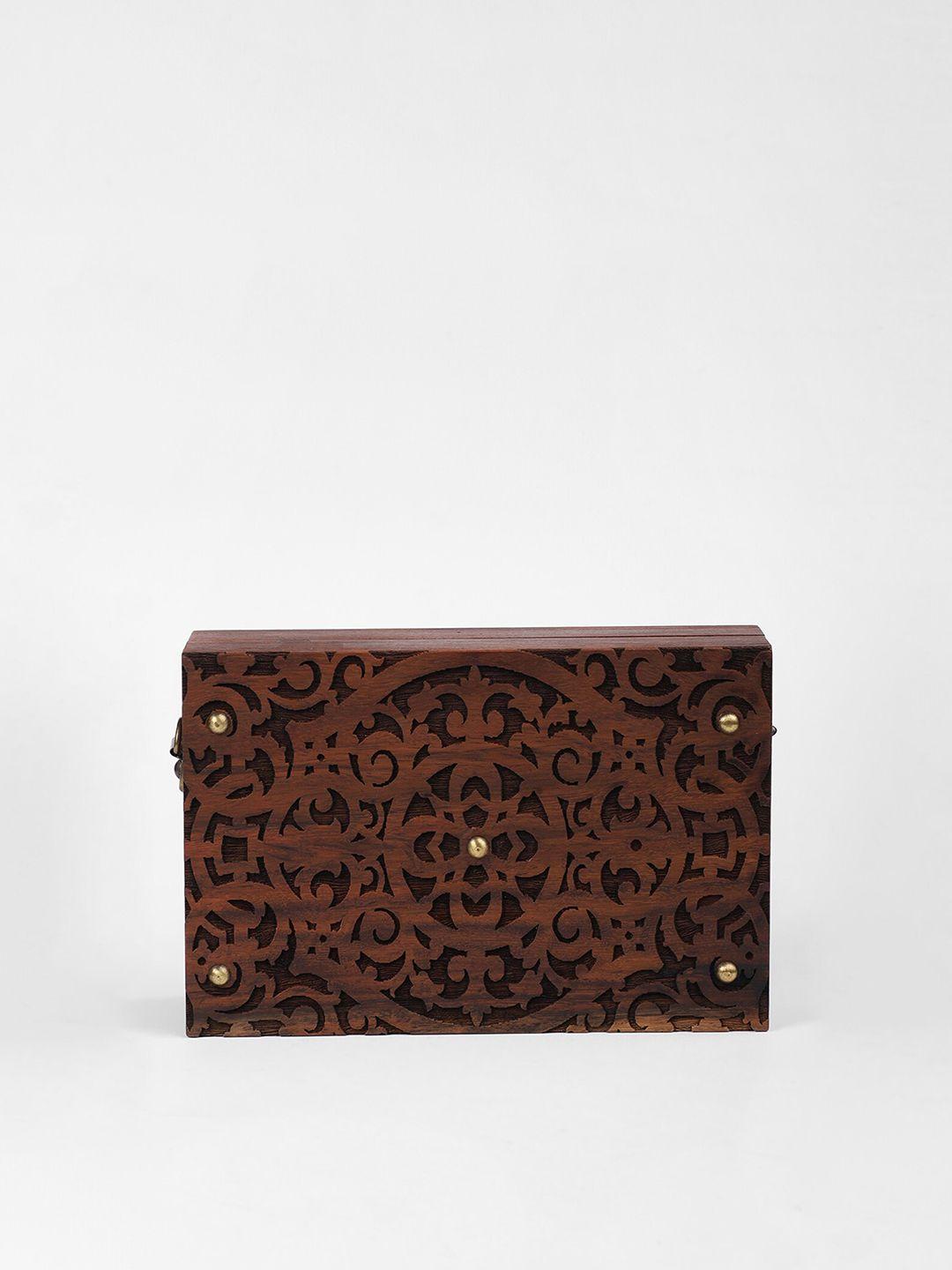 fabindia brown & rust wooden carving box clutch