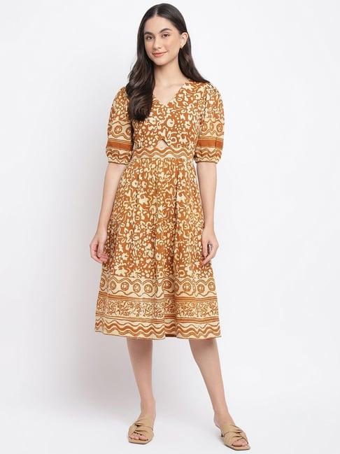 fabindia brown cotton linen printed a-line dress