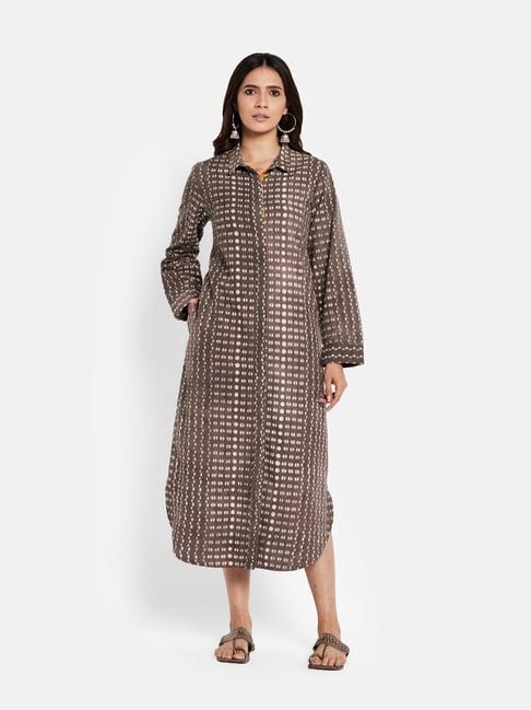 fabindia brown cotton linen printed shirt dress