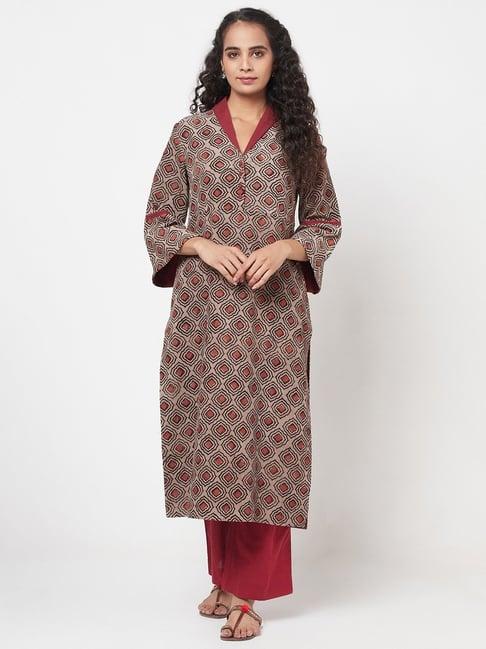 fabindia brown cotton printed straight kurta