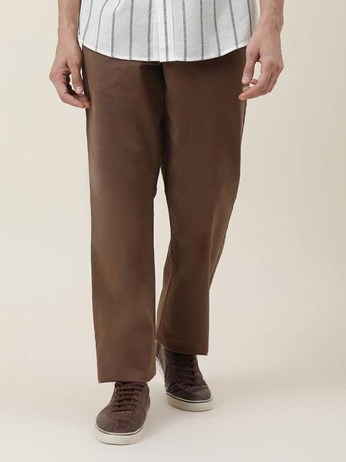 fabindia brown regular fit flat front trousers