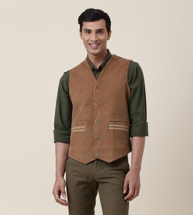 fabindia brown striped cotton v-neck waistcoat