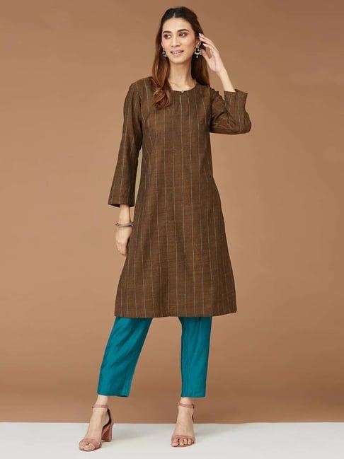 fabindia brown striped straight kurta