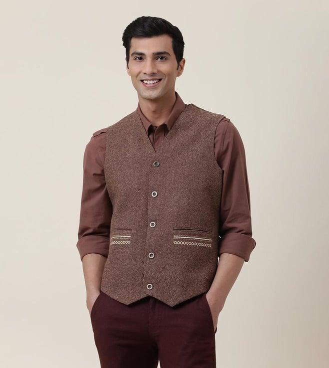 fabindia brown woven wool v-neck waistcoat