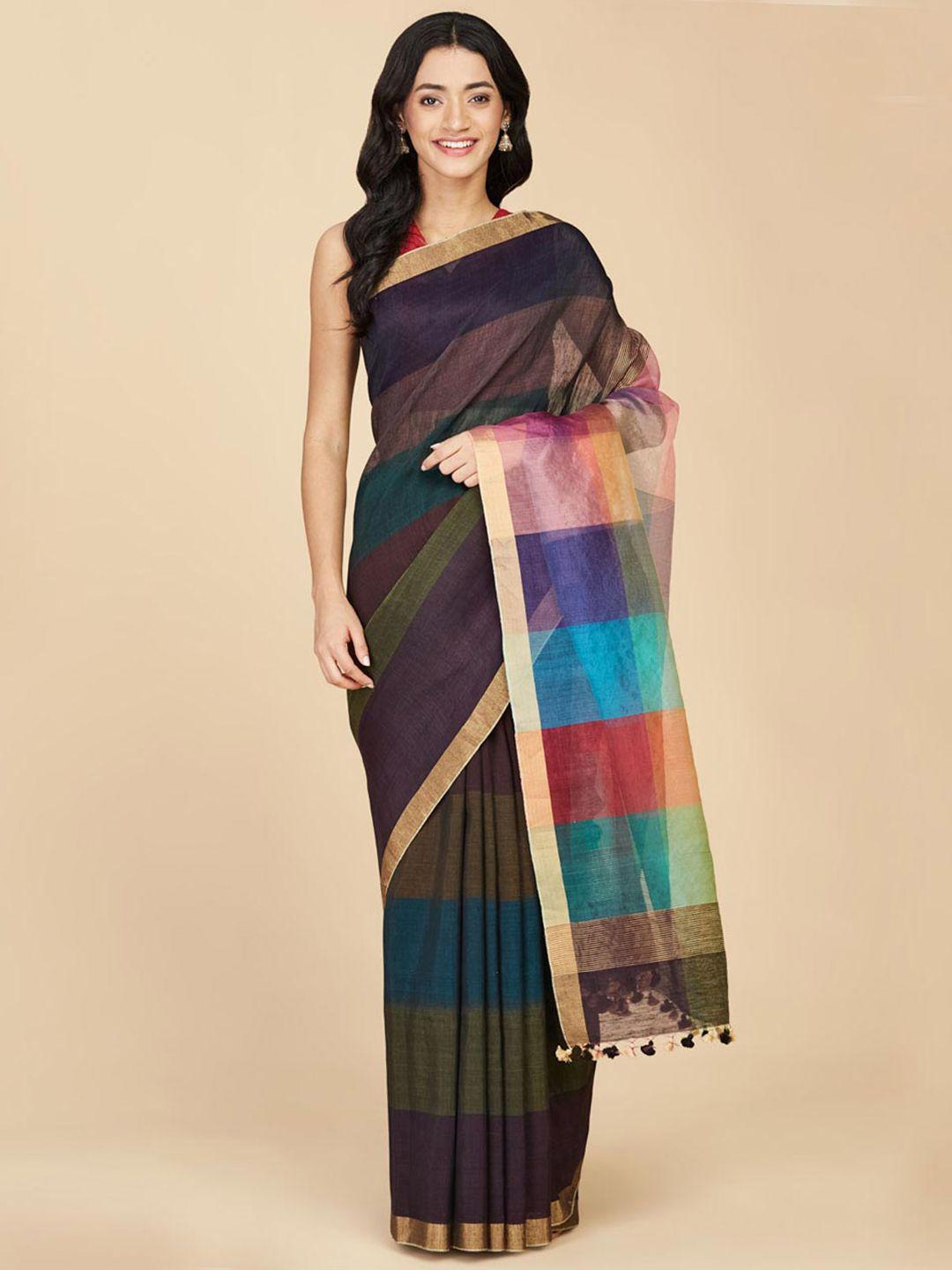 fabindia colourblocked zari linen blend saree