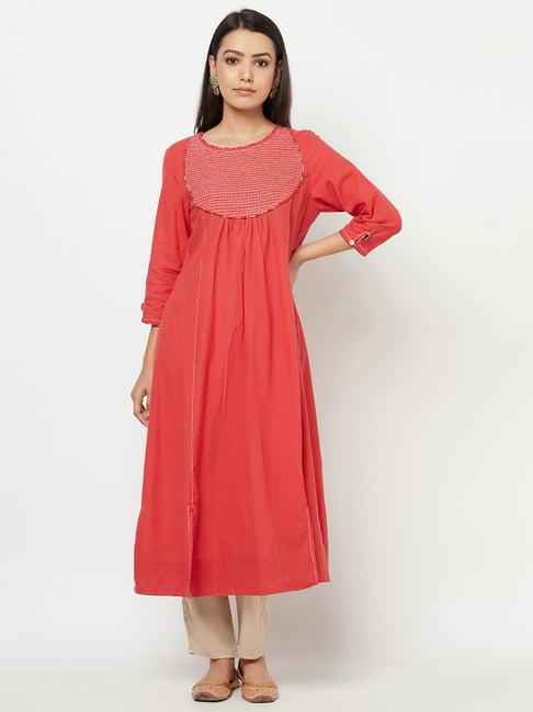 fabindia coral cotton embroidered a line kurta