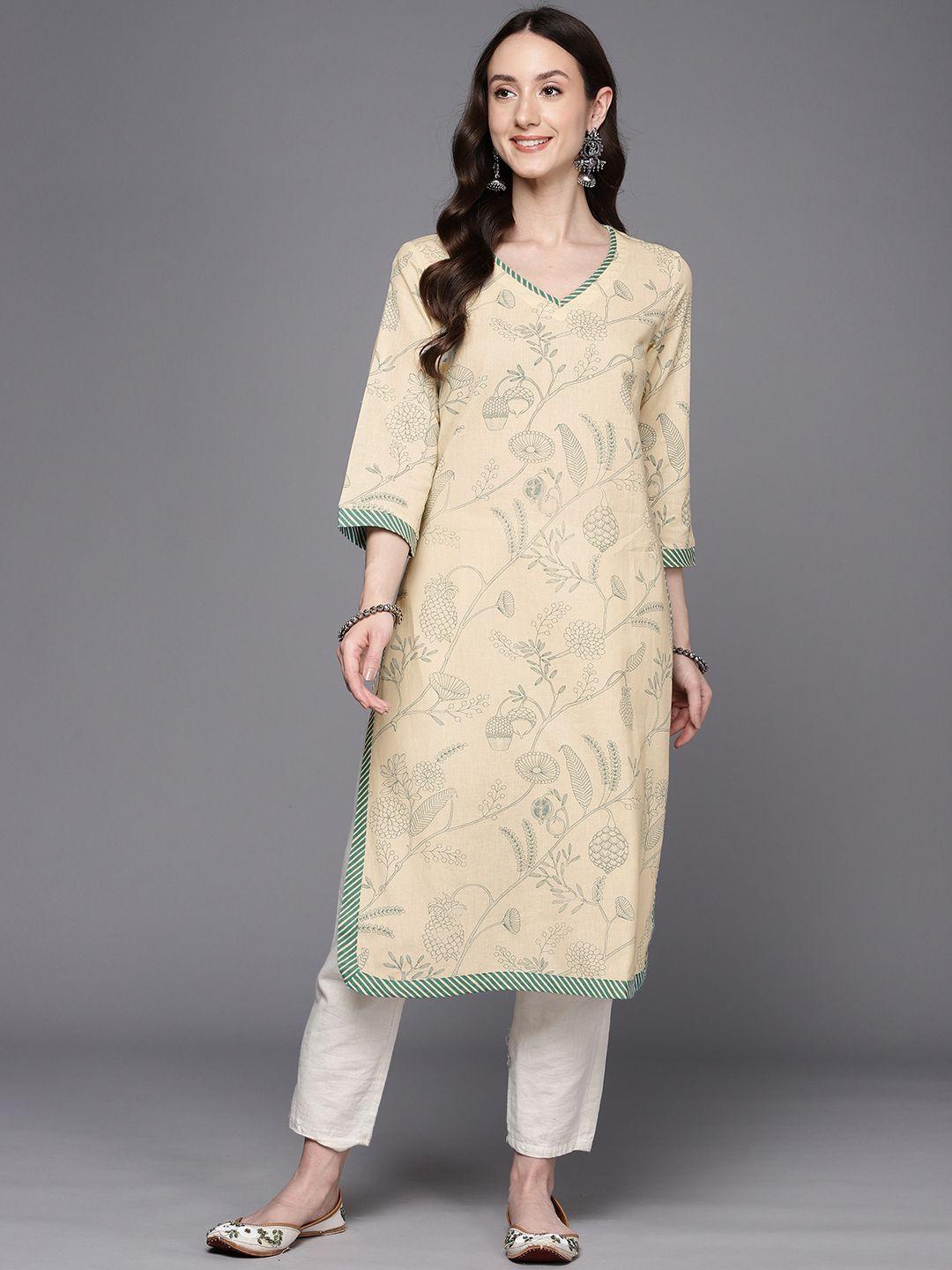 fabindia cotton linen floral printed straight kurta