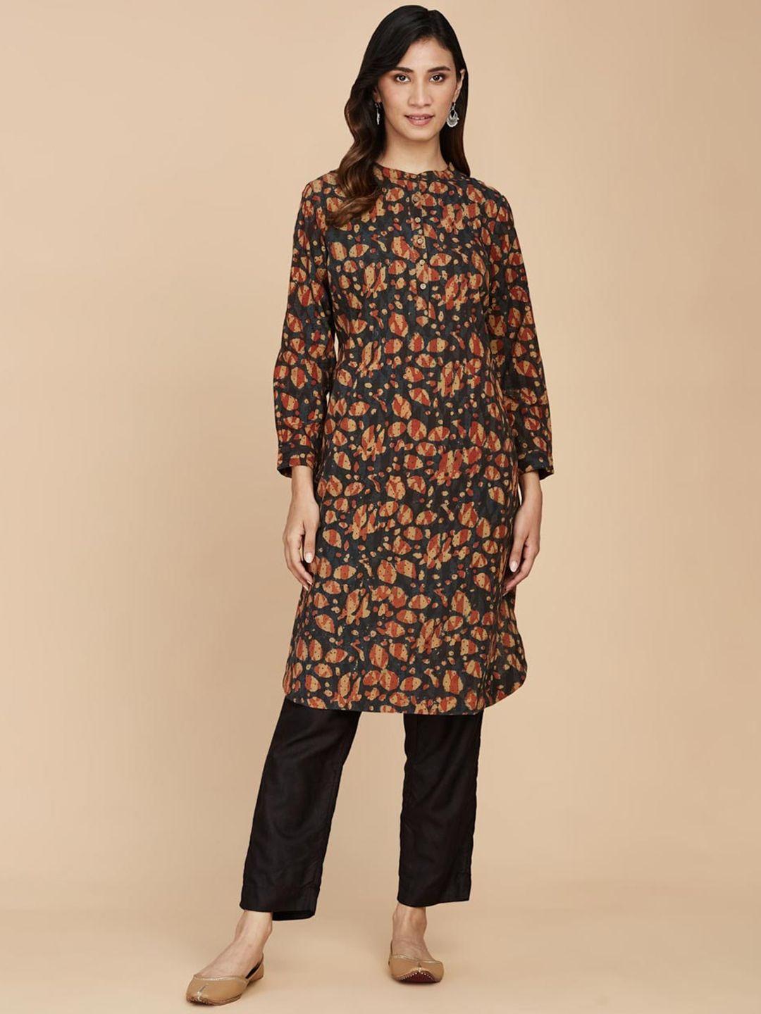 fabindia curved band collar abstract printed straight cotton kurta